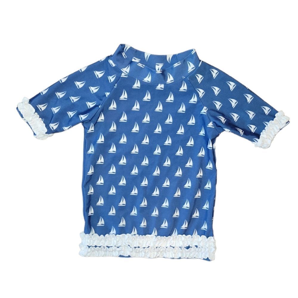 Ruffle Butts Nautical Blue White Sailboat Rashguard Swimsuit Bathing Top 18-24M